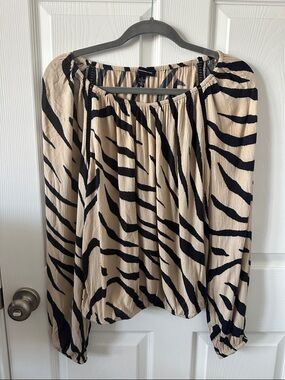 INC Beige and Black Zebra-Print Off-Shoulder Top